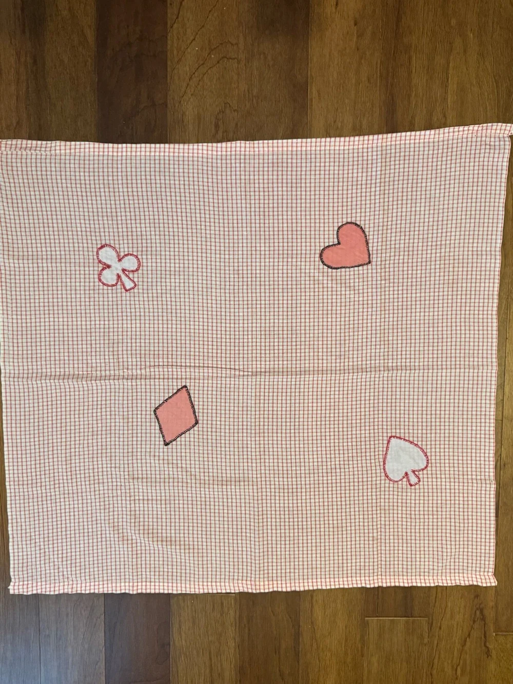 Vintage Pink & White Card Tablecloth with Appliqué Heart, Spade, Diamond & Clubs